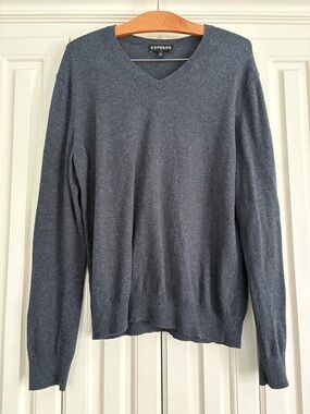 Express Cashmere Cotton Blend Men's V-Neck Sweater Charcoal Gray Size Large